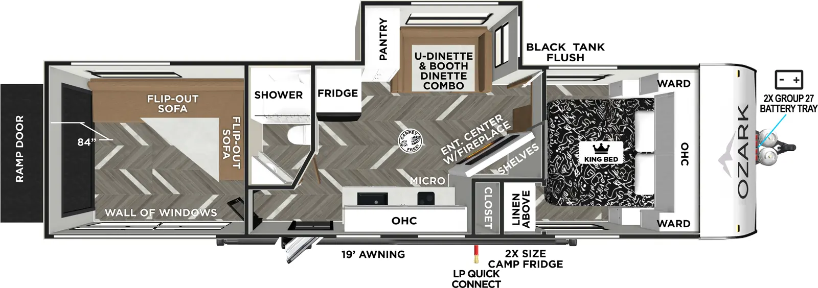 The Ozark 2900THK floorplan is a toy hauler that has one entry and one slide out. Exterior features include: metal exterior and 19' awning. Interiors features include: u-dinette and front bedroom.